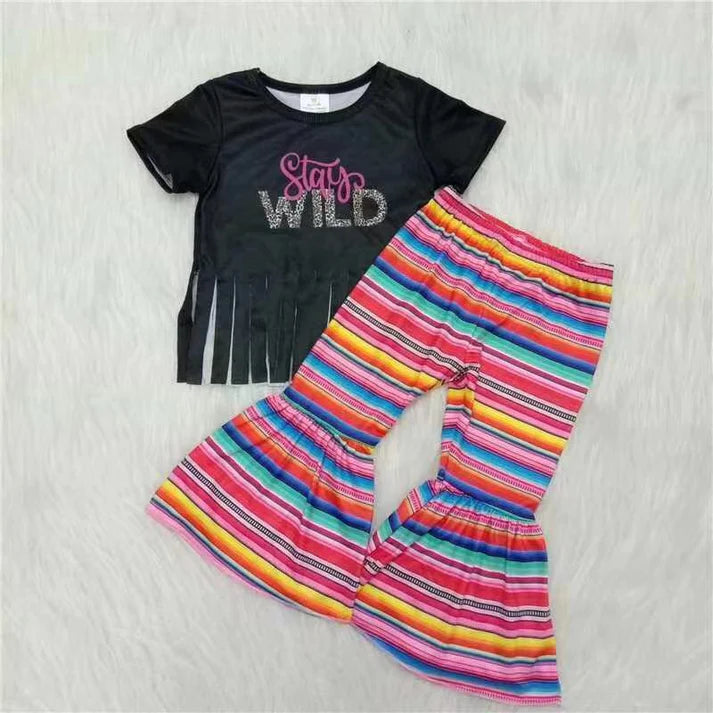 5.23 rts no moq D13-2 Black Tassel Letter Short Sleeve Color Striped Pants