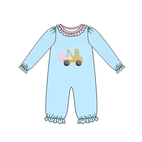 9.30 LR2718 Baby Girls Hearts Excavator Valentine Ruffle Footie Rompers Preorder