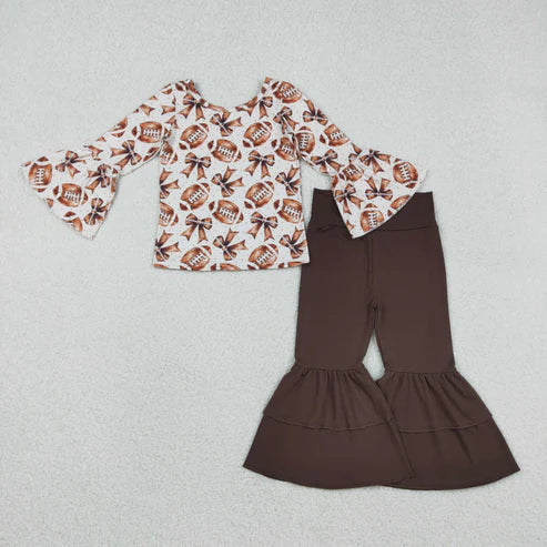 12.8 GLP2787 Baby Girls Ruffle Sleeve Footballs Bows Top Bell Bottom Pants Team Set