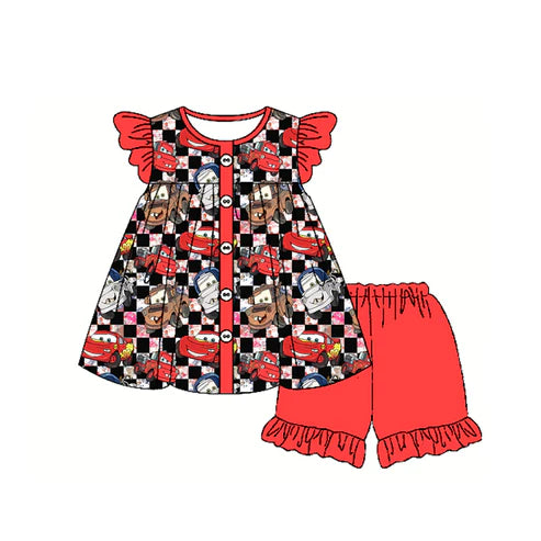 3.17 GSSO2329 Baby Girls Peach Flutter Sleeves Black Plaid Button Cartoon Cars Tunic Ruffle Short Set Preorder