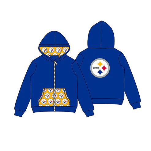 8.11 Custom Moq 5 Baby Boys Hot Blue Steelers Stars Team Pocket Zipper Hoodies Tops