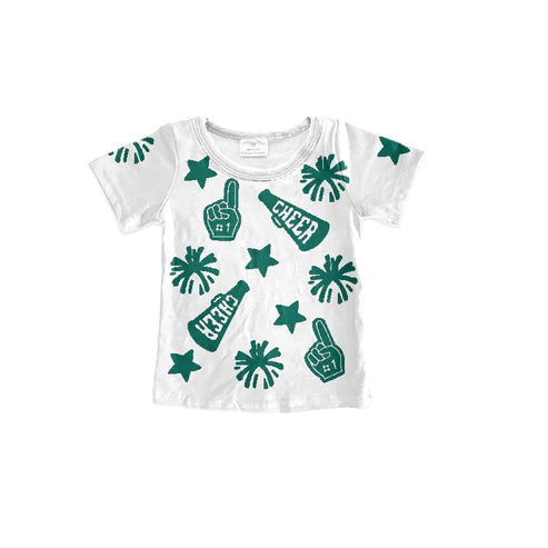3.17 GT0955 Baby Girls White Short Sleeves Green Fireworks CHEER Shirts Top Preorder