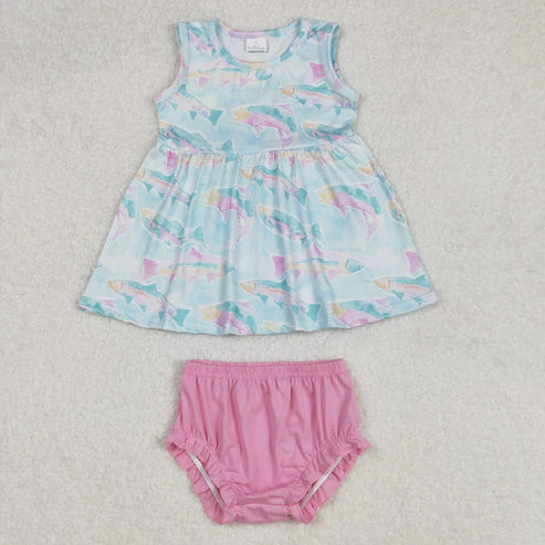 GBO0464 Baby Girls Blue Shark Tunic Top Bummies Clothes Set