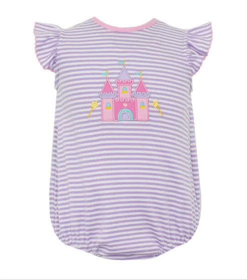 10.21 SR3265 Baby Girls Flutter Sleeve Lavender Stripe Castle Ruffle Rompers Preorder