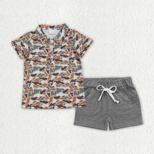 12.19 BT1355+SS0133 Baby Boys Southern Camo Button Polo Shirt Grey Pockets Shorts Hunting Clothes Set