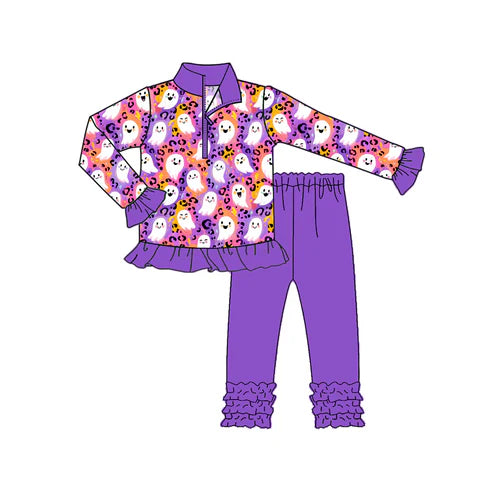 8.4 GLP2695 Baby Girls Purple Leopard Ghost Zipper Pullover Legging Pant Halloween Set Preorder