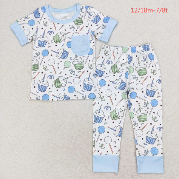 BSPO0410 Boy's birthday Candle cake blue pocket short sleeve trousers pajama set