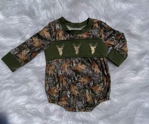 9.29 LR2729 Baby Boys Green Leaves Camo Deer Bows Western Rompers Preorder