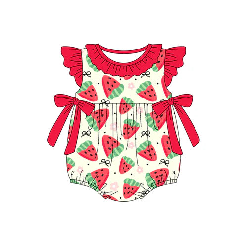 4.19 SR3062 Baby Girls Red Flutter Sleeves Bows Strawberry Ruffle Rompers Preorder