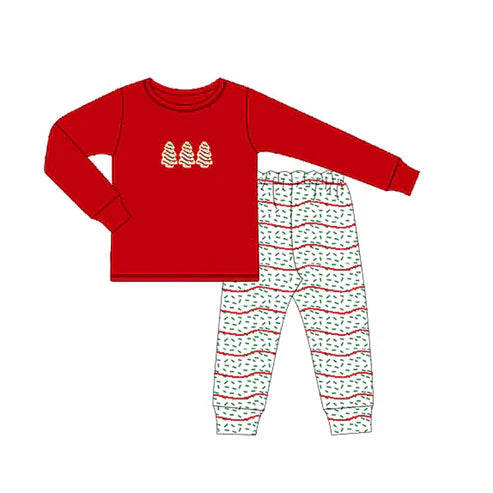 6.7 BLP1081 Baby Boys Red Long Sleeves Trees Top Stripe Legging Pant Pajamas Set Preorder