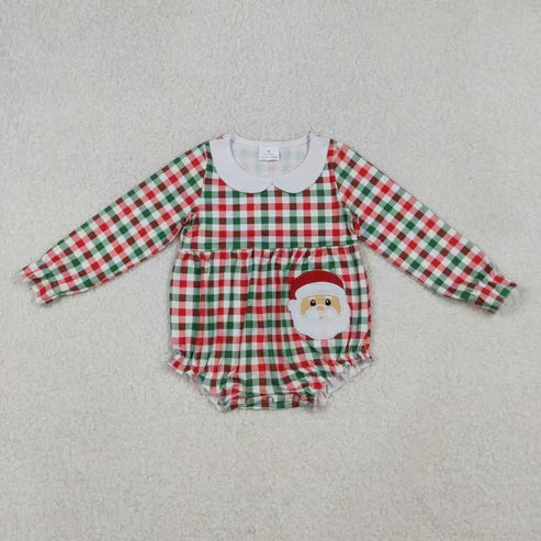 10.31 Sibling Baby Girls Red Green Checked Embroidery Santa Tunic Ruffle Pants Christmas Set Rompers