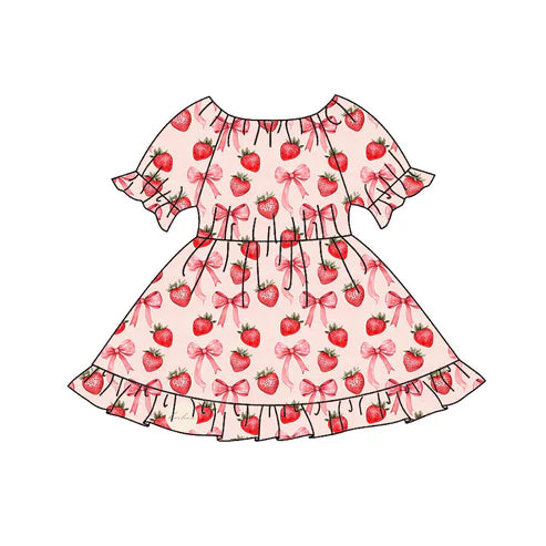 9.30 GSD2837 Baby Girls Bows Strawberry Plaid Ruffle Knee Length Dresses Preorder
