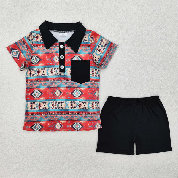 BSSO1140 Baby Boys Western Aztec Black Pocket Shirt Shorts Clothes Set