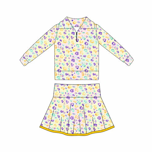 10.28 GLD1400 Baby Girls Mardigras Leopard Zipper Pullovers Skorts Yoga Clothes Sets Preorder