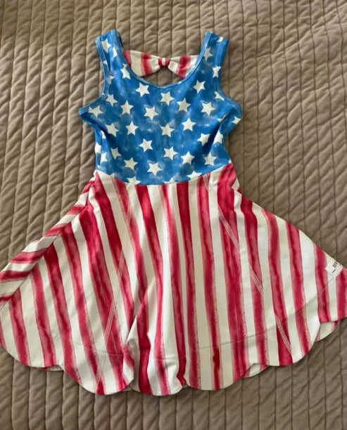4.3 GSD2323 Baby Girls Blue Stars Red Stripe 4th Of July Knee Length Dresses Preorder