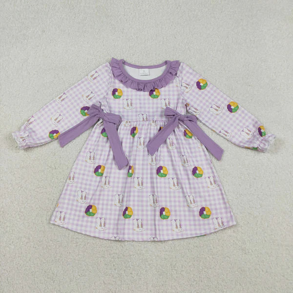 12.13 GLD1379 Baby Girls Purple Checked Boots Donuts Bows Mardigras Knee Length Dress