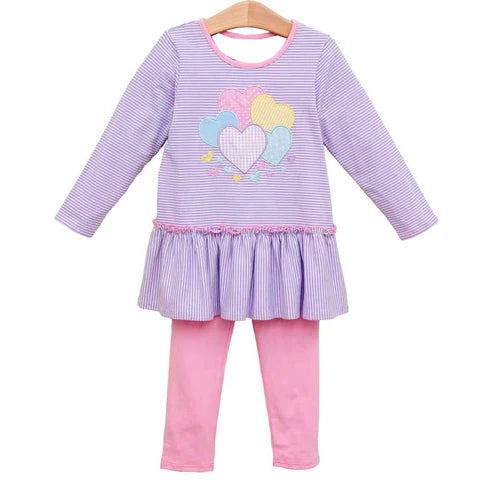10.2 GLP2928 Baby Girls Lavender Stripe Hearts Tunic Leggings Valentine Clothes Sets Preorder