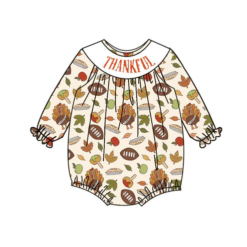 3.29 LR2183 Baby Infant Girls Long Ruffle Sleeves Turkey Footballs Smocked Rompers Preorder