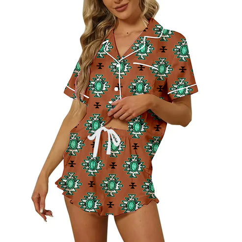 5.16 Preorder Moq 3 Adult Women Western Brown Turquoise Button Pocket Top Short Pajamas