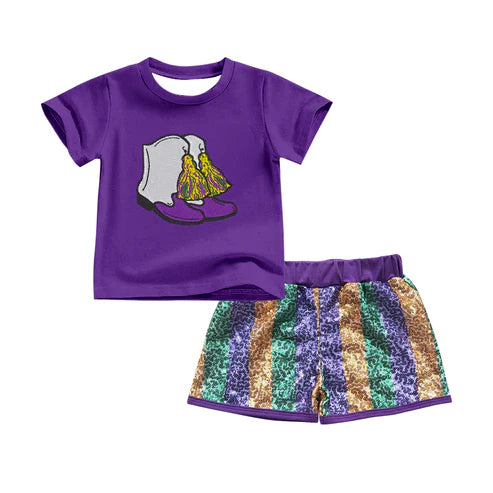 9.30 GSSO2714 Baby Girls Purple Boots Top Sequin Shorts Mardigras Clothes Sets Preorder