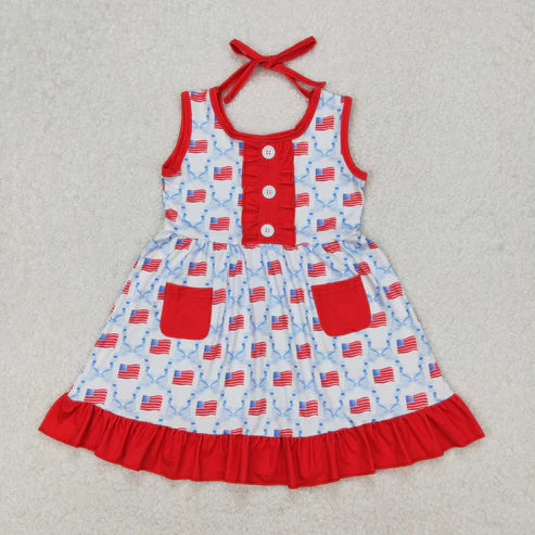 GSD1625 Baby Girls 4th of July Flag Bows Pockets Knee Length Dress