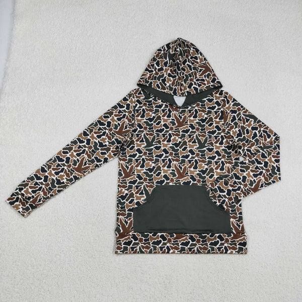 12.13 BT1472 Adult Men Dark Brown Ducks Camo Pocket Southern Hunting Hoodies Top
