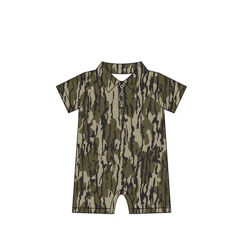 3.28 SR2976 Baby Infant Boys Short Sleeves Olive Bottomland Camo Button Rompers Preorder