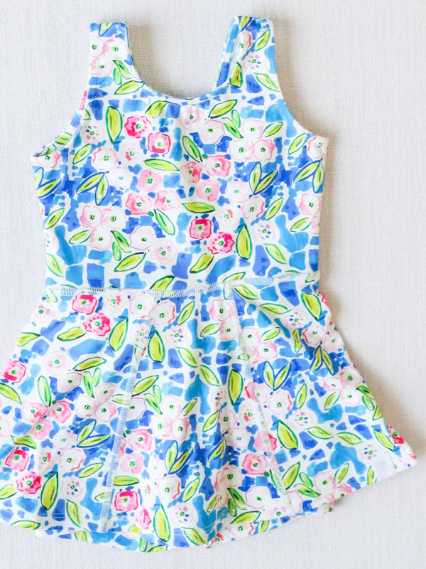 L-3.5GSD1990 Baby Girls Blue Flowers Sleeveless Athletic Dresses Preorder