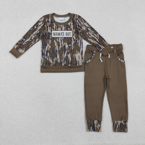 11.12 BLP1334 Embroidery Baby Boys Olive Camo Mama's Boy Top Pockets Jogger Pants Clothes Set