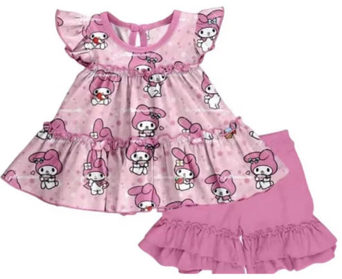5.14 Girls' cartoon bunny pink short-sleeved shorts set