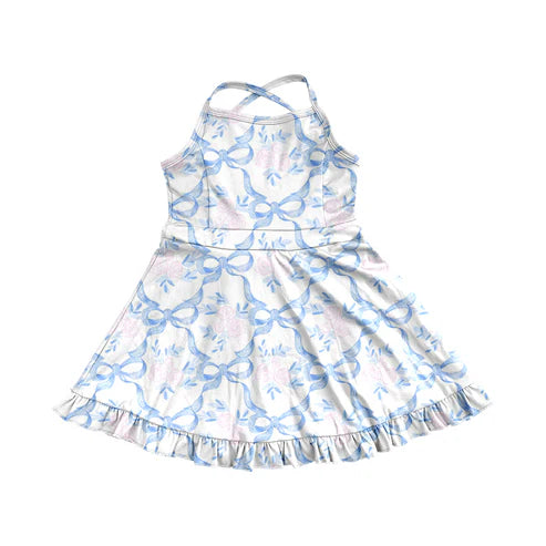 3.31 GSD2290 Baby Girls Strap Blue Bows Floral Yoga Ruffle Knee Length Dresses Preorder