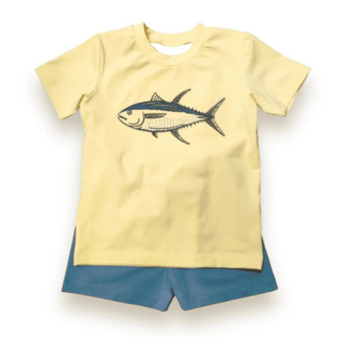 4.24 BSSO1517 Baby Boys Yellow Short Sleeves Sharks Top Blue Short Set Preorder