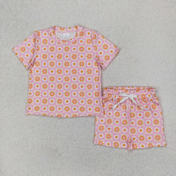 4.8 GSSO2425 Baby Girls Pink Plaid Short Sleeves Daisy Flowers Top Short Pajamas Set