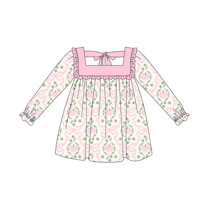 6.12 GLD1083 Baby Girls Long Ruffle Sleeves Pink Pumpkins Bows Plaid Knee Length Dresses Preorder