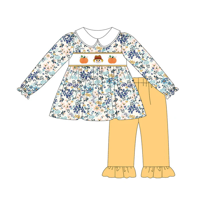 6.14 GLP2387 Baby Girls Long Sleeves Pumpkins Floral Tunic Yellow Ruffle Pant Clothes Set Preorder
