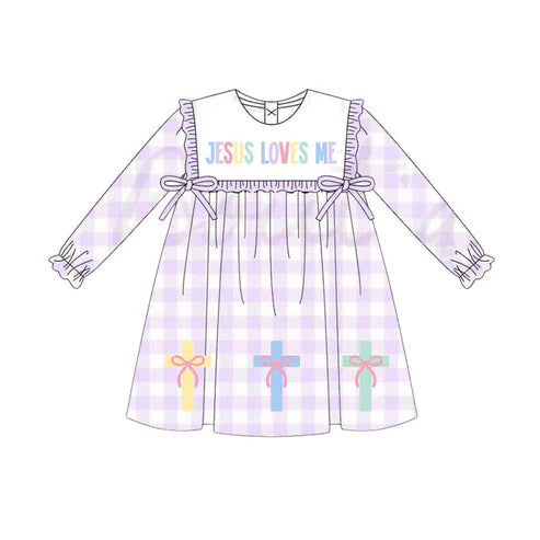10.1 GLD1356 Baby Girls Lavender Checked Jesus Love Me Cross Knee Length Dresses Preorder