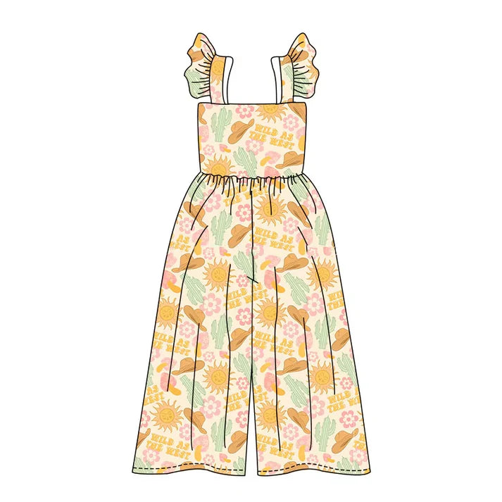 4.18 SR3051 Baby Girls Flutter Sleeves Yellow Cactus Hats Western Bell Jumpsuits Preorder