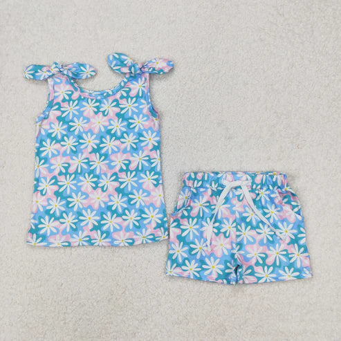 3.21 GSSO2262 Baby Girls Blue Flowers Bows Tie Tops Shorts Clothes Set