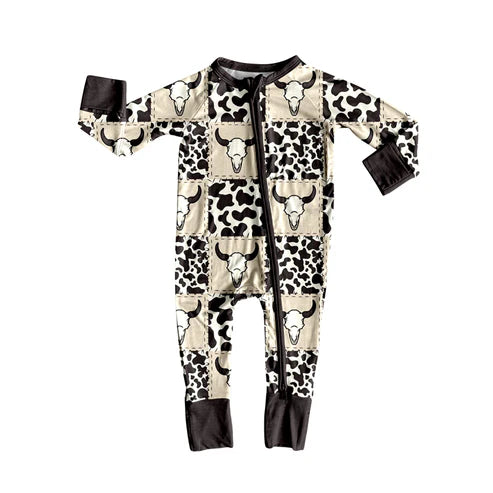 6.6 LR2267 Baby Girls Long Sleeves Cow Print Bull Skull Plaid Zipper Rompers Preorder