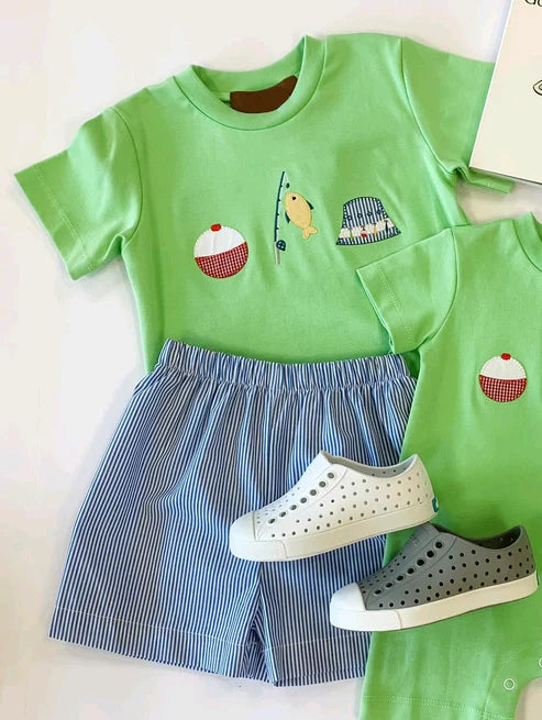 4.24 BSSO1508 Baby Boys Green Short Sleeves Fishing Top Blue Stripe Short Set Preorder