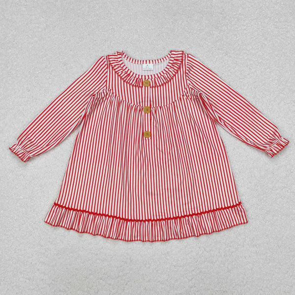 L-3.3 GLD0933 Baby Girls Christmas Red Stripes Buttons Ruffle Gowns Dress