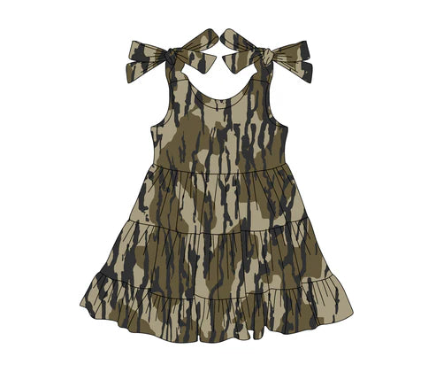 3.22 GSD2203 Baby Girls Olive Bows Strap Bottomland Camo Patchwork Knee Length Dresses Preorder