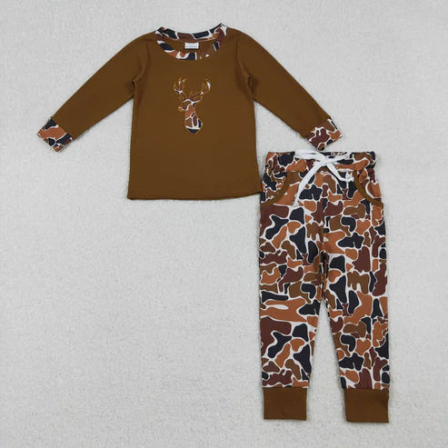 9.29 BLP1078 Embroidery Baby Boys Brown Long Sleeves Camo Deer Top Pockets Legging Pant Set