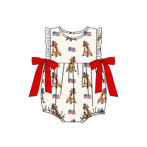 4.18 SR3063 Baby Girls Sleeveless Flags Dogs 4th Of July Ruffle Rompers Preorder