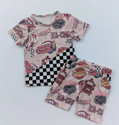 4.22 BSSO1507 Baby Boys Khaki Short Sleeves Cartoon Cars Top Pockets Short Set Preorder