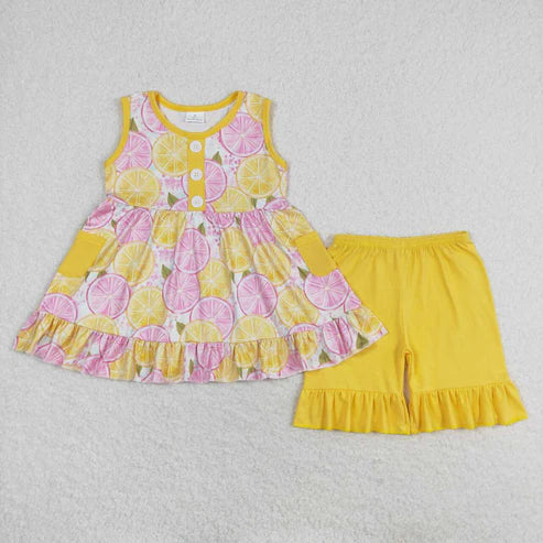 6.16 GSSO1079 Orange fruit pattern yellow sleeveless shorts set
