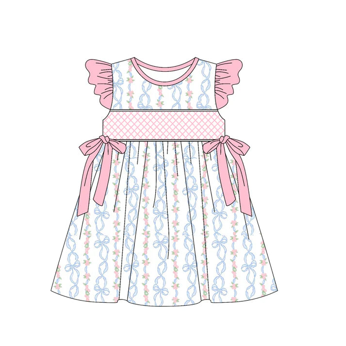 3.23GSD2228 Baby Girls Pink Flutter Sleeves Bows Floral Stripe Knee Length Dresses Preorder