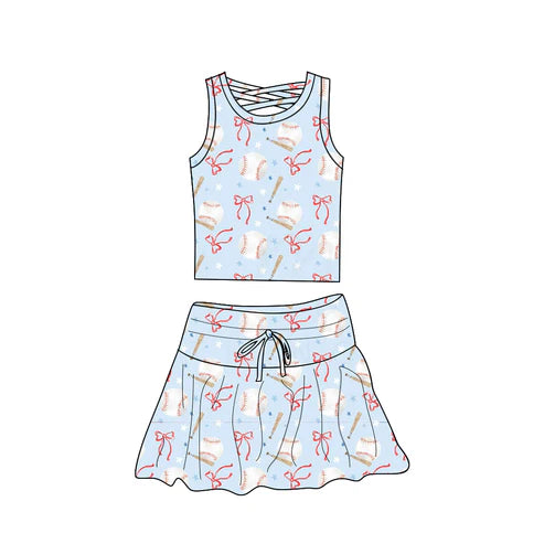 4.17 GSD2402 Baby Girls Sleeveless Bows Baseballs Top Skort Yoga Set Preorder