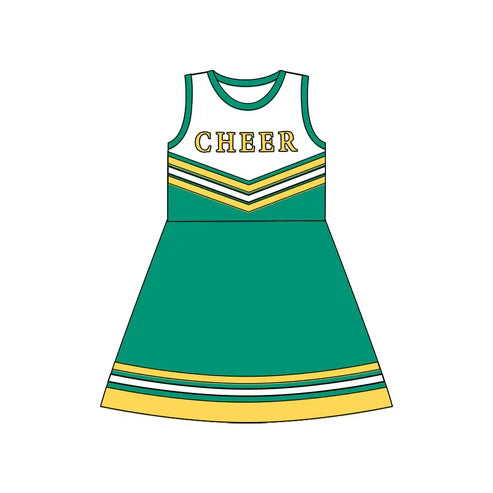 8.16 Custom Moq 5 Baby Girls Green Gold Cheer Team Knee Length Dresses