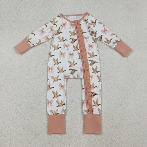 10.31 Sibling Baby Girls Pink Bows Ducks Plaid Top Pants Pajamas Sets Ruffle Zipper Footie Rompers